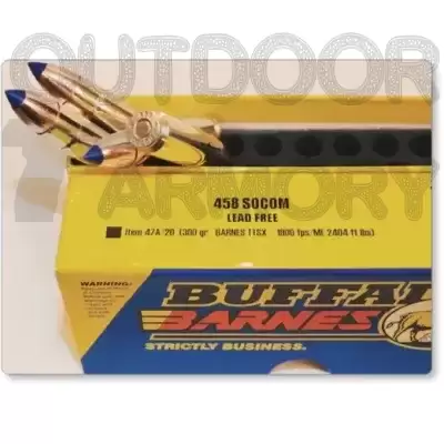 Buffalo Bore Ammunition 458 SOCOM 300 Grain Barnes TTSX Polymer Tipped Spitzer Lead-Free Box of 20