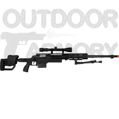 WELL Airsoft Spring EBR Sniper Rifle with Folding Stock, Scope, Bipod, & Quad RIS