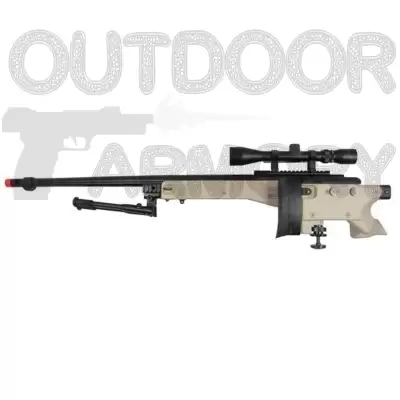  WELL L96 Airsoft Spring Sniper Rifle with Folding Stock, Scope, Bipod, and Monopod - FDE/Tan